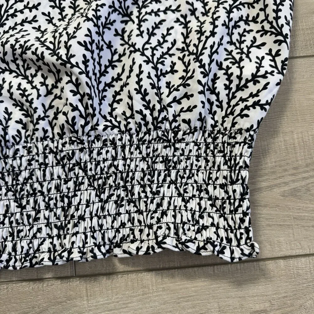 MICHAEL Michael Kors Black and White Leaf Print Smocked Waist Blouse, S/P